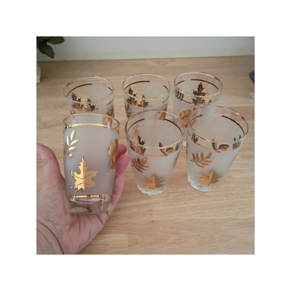 Vintage Libbey Matching Gold Leaf Frosted set of 6 Glasses 8 Ounces Beautiful